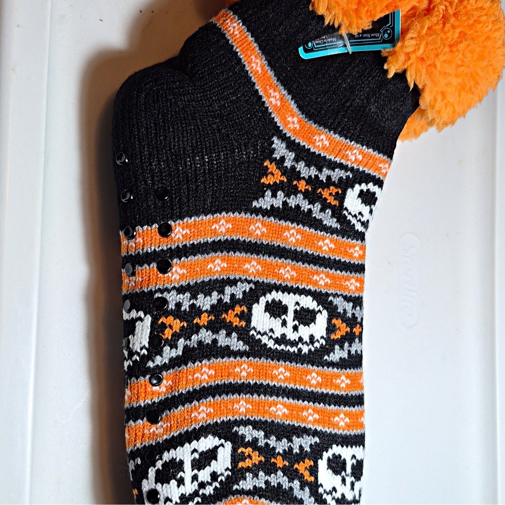 Women's Halloween Non-Slip Grip Crew Socks Skull Black Orange 1 Pair